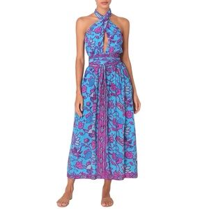 Caroline Constas Maxi Dress Halter Turquoise Floral CrissCross Smocked Large